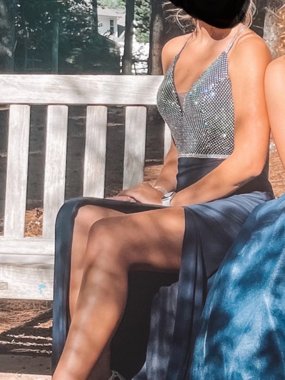 Elegant Navy Beaded Spaghetti Strap Evening Dress - Picture 5 of 5